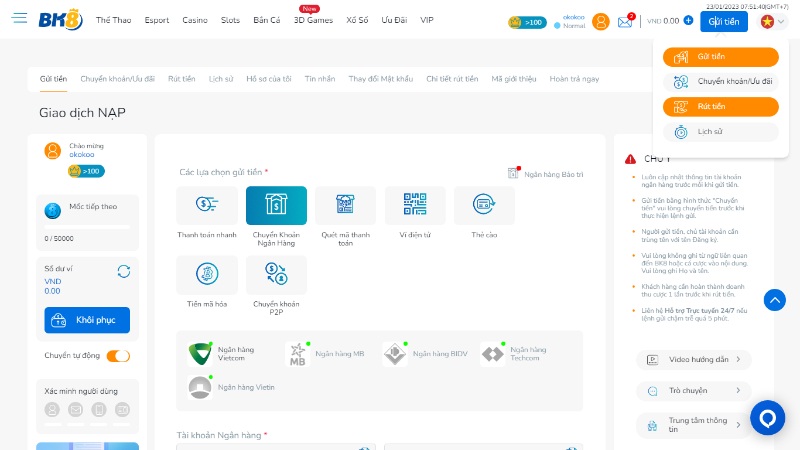 Rút tiền BK8 qua hình thức ngân hàng