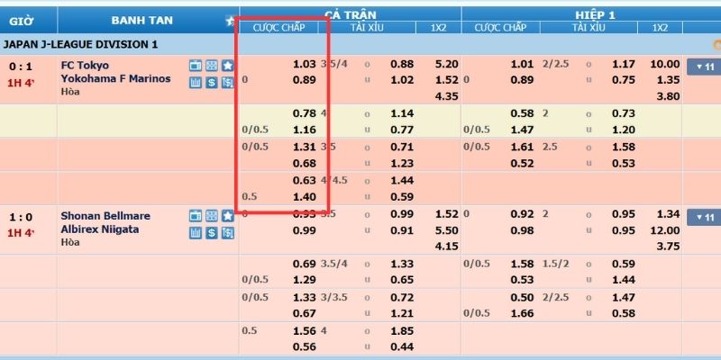 Bảng minh họa kèo cược Chấp của giải Japan J-League Division 1