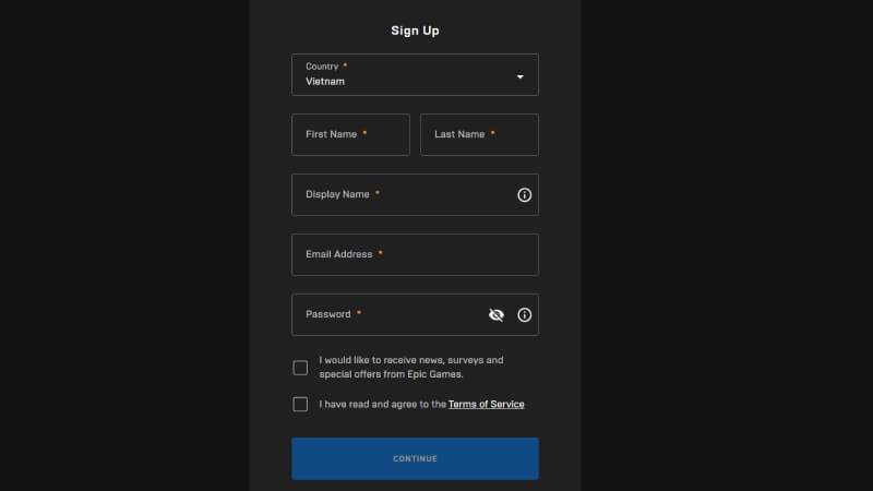 Biểu mẫu đăng ký Fortnite